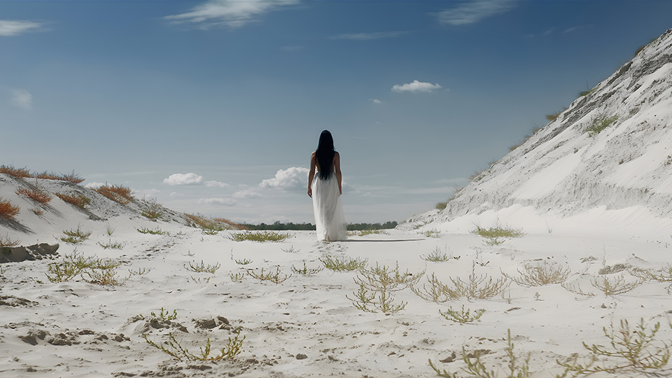 Eine Frau steht auf einer Sanddüne. 