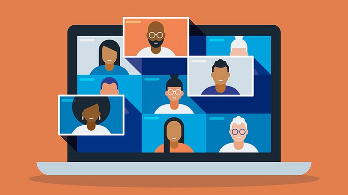 Illustration einer vielfältigen Personengruppe in einer Videokonferenz auf dem Laptop-Computerbildschirm 