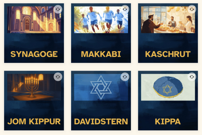 Bildercollage aus sechs Symbolbilern mit diesen Untertiteln (v. li. n. re.): Synagoge, Makkabi, Kaschrut, Jom Kippur, Davidstern nd Kippa. 